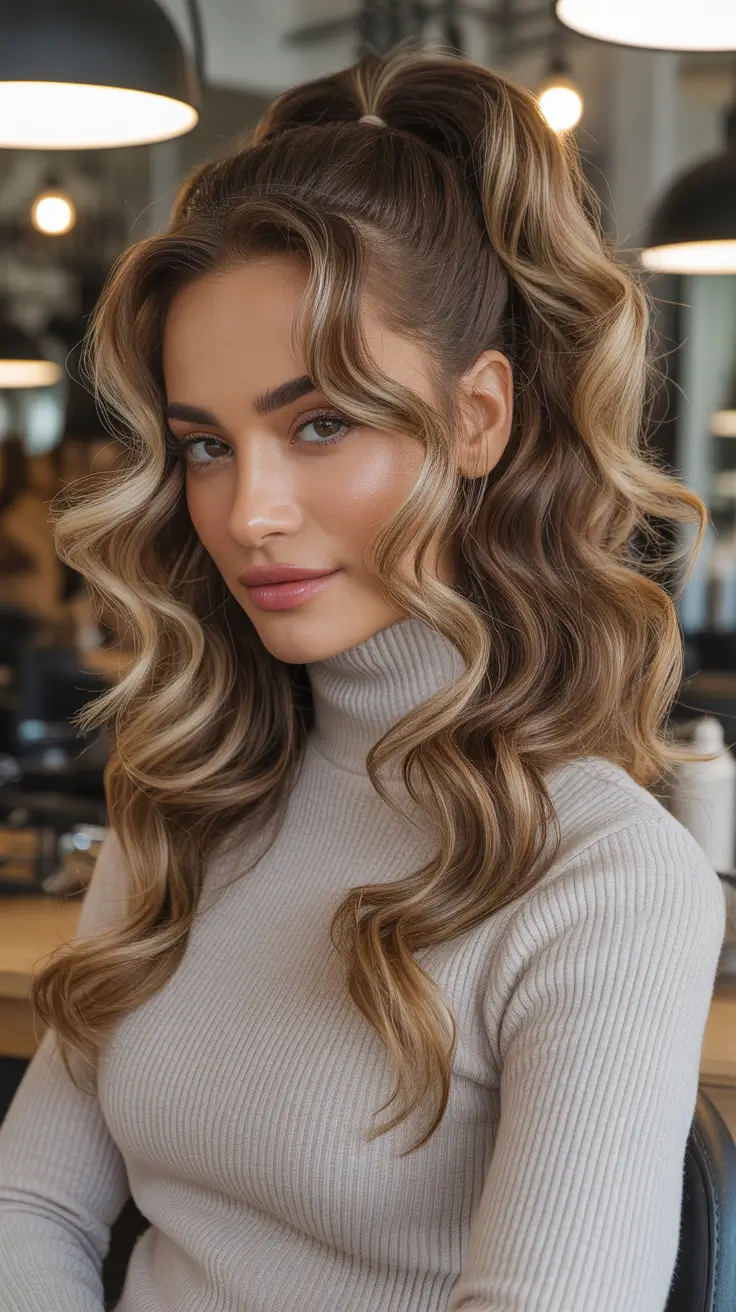 cute winter hairstyles - High Half-Up Pony With Voluminous Curls