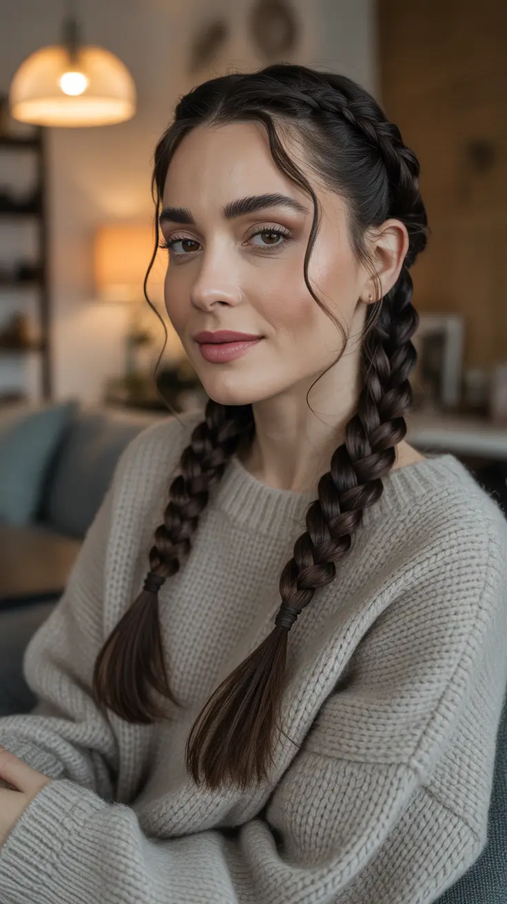Cute Hairstyle Looks Winter 2025–2026 Cozy Twin Dutch Braids With Soft Tendrils