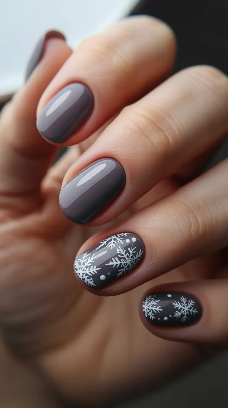 Fresh Cute Nail Inspiration Winter 2025-2026 - Charcoal Ovals with Nordic Snowflakes
