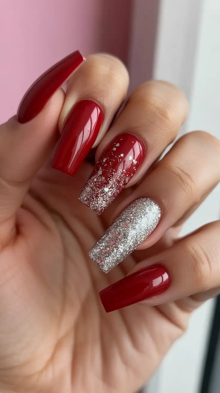 Fresh Cute Nail Inspiration Winter 2025-2026 - Holly Red With Silver Snowfall Accent