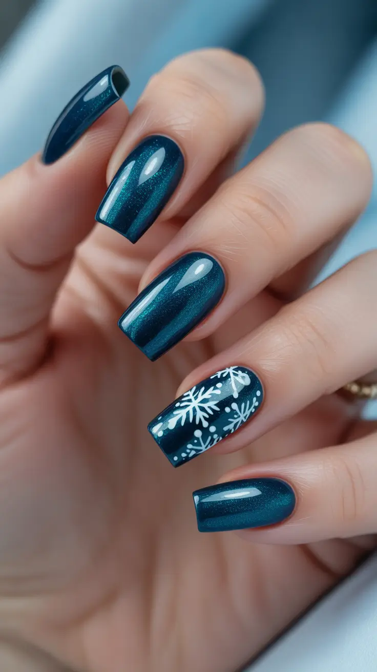 Fresh Cute Nail Inspiration Winter 2025-2026 - Deep Teal Snowflake Accent