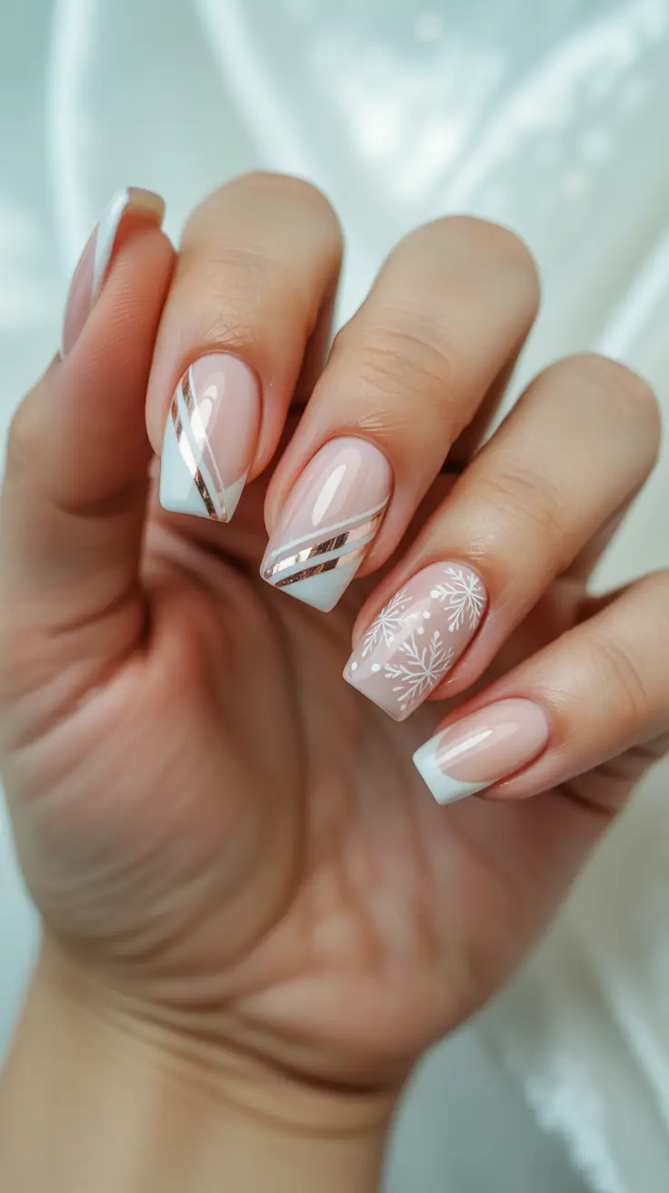 Fresh Cute Nail Inspiration Winter 2025-2026 - Modern French With Rose-Gold Stripes