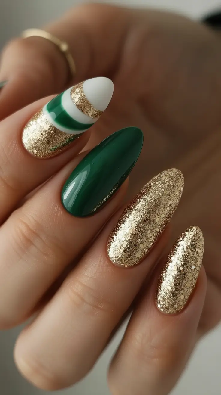 Fresh Cute Nail Inspiration Winter 2025-2026 - Emerald & Gold Party Almonds