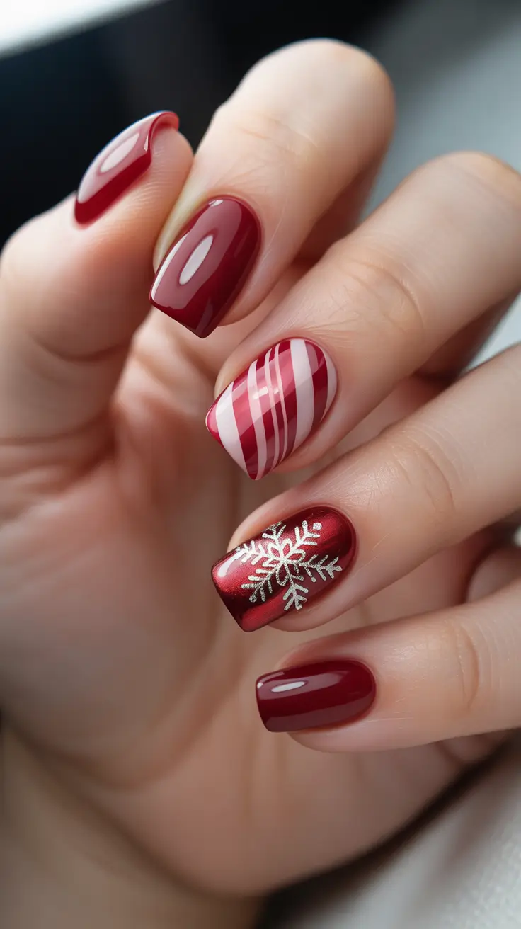 Fresh Cute Nail Inspiration Winter 2025-2026 Crimson Candy-Cane Chic with Snowflake Accent