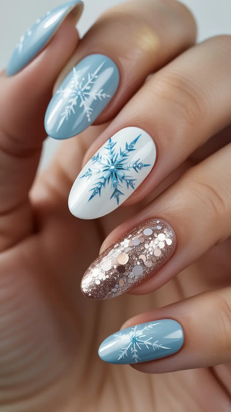 Fresh Cute Nail Inspiration Winter 2025-2026 Soft Sky Almonds with Icy Blue Flakes and Rosy Glitter
