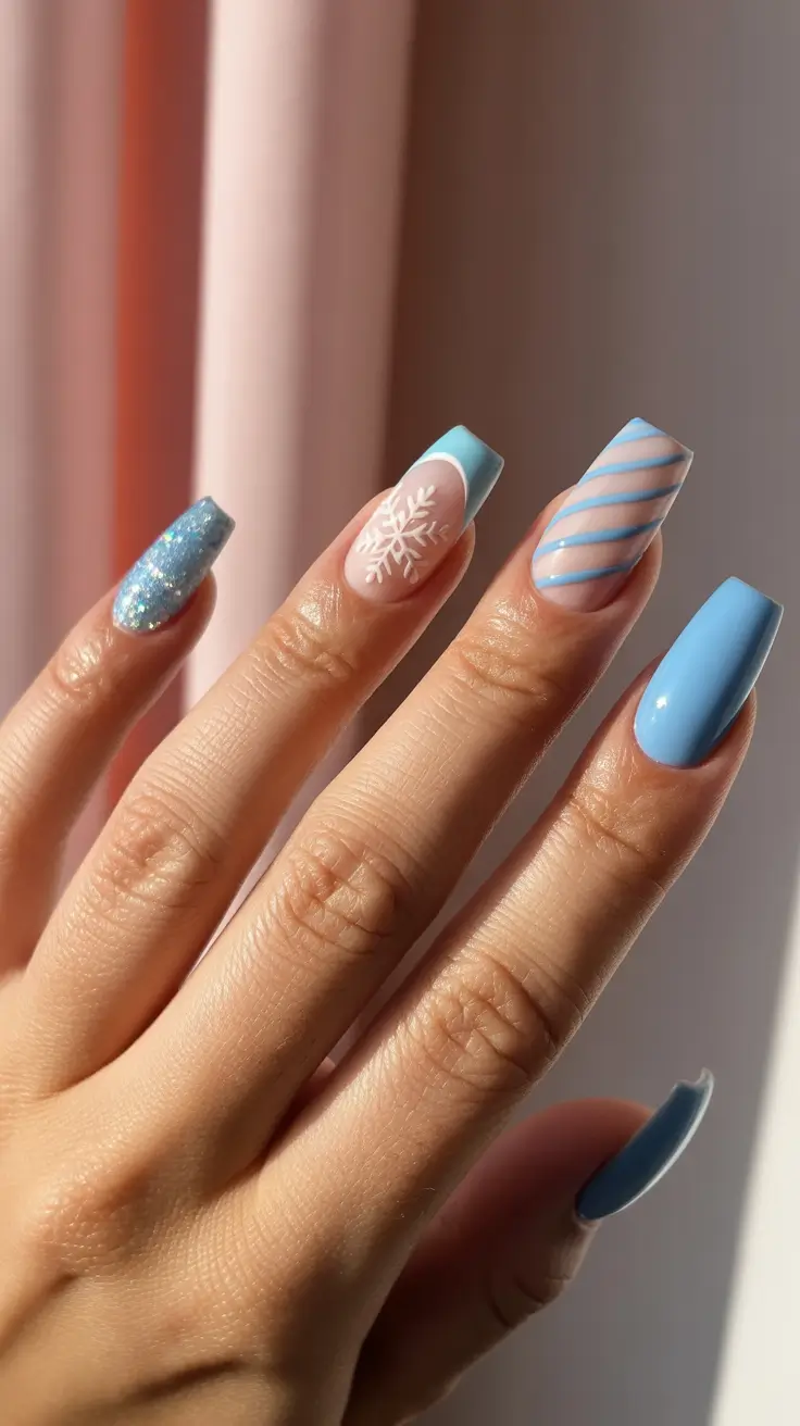 Fresh Cute Nail Inspiration Winter 2025-2026 Sky-Blue Squares with Peppermint Stripes and Dusty Sparkle