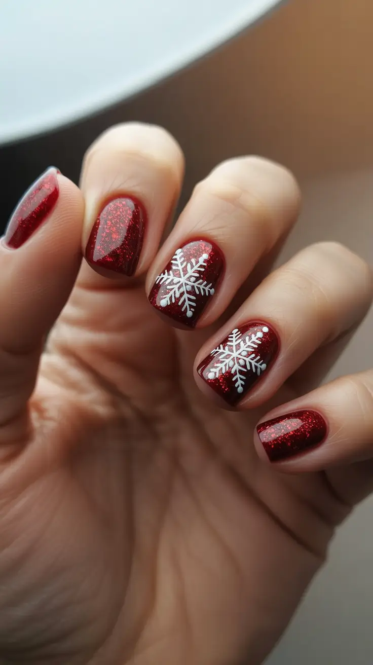Fresh Cute Nail Inspiration Winter 2025-2026 Ruby Micro-Glitter Shorties with Snowflake Pair