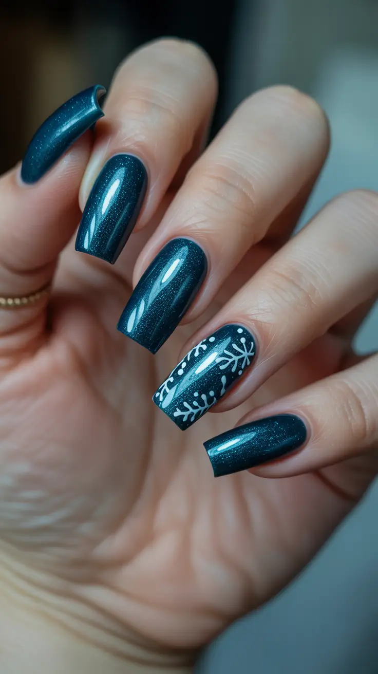 Fresh Cute Nail Inspiration Winter 2025-2026 - Midnight Teal With Minimal Laurel Accent