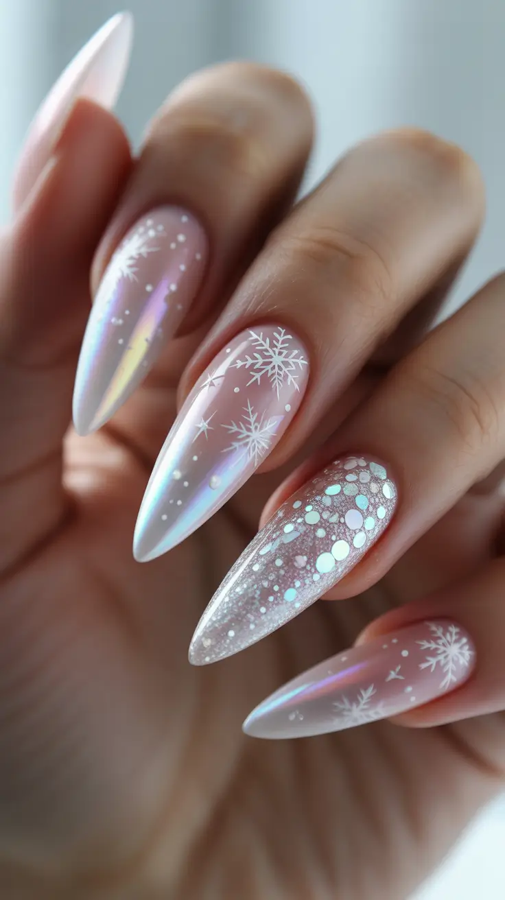 Fresh Cute Nail Inspiration Winter 2025-2026 Opalescent Stilettos with Snowy Confetti Glow