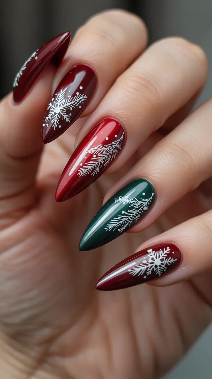 Fresh Cute Nail Inspiration Winter 2025-2026 Evergreen & Cranberry Almonds with Winter Sprigs