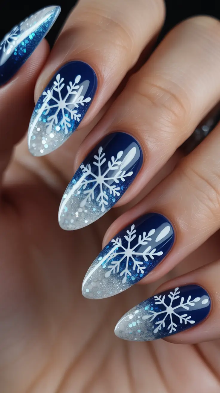 Fresh Cute Nail Inspiration Winter 2025-2026 - Alpine Night Almonds With Glitter Fade