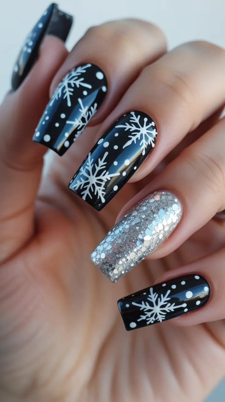 Fresh Cute Nail Inspiration Winter 2025-2026 - Graphic Snowflakes On Black With Disco Accent