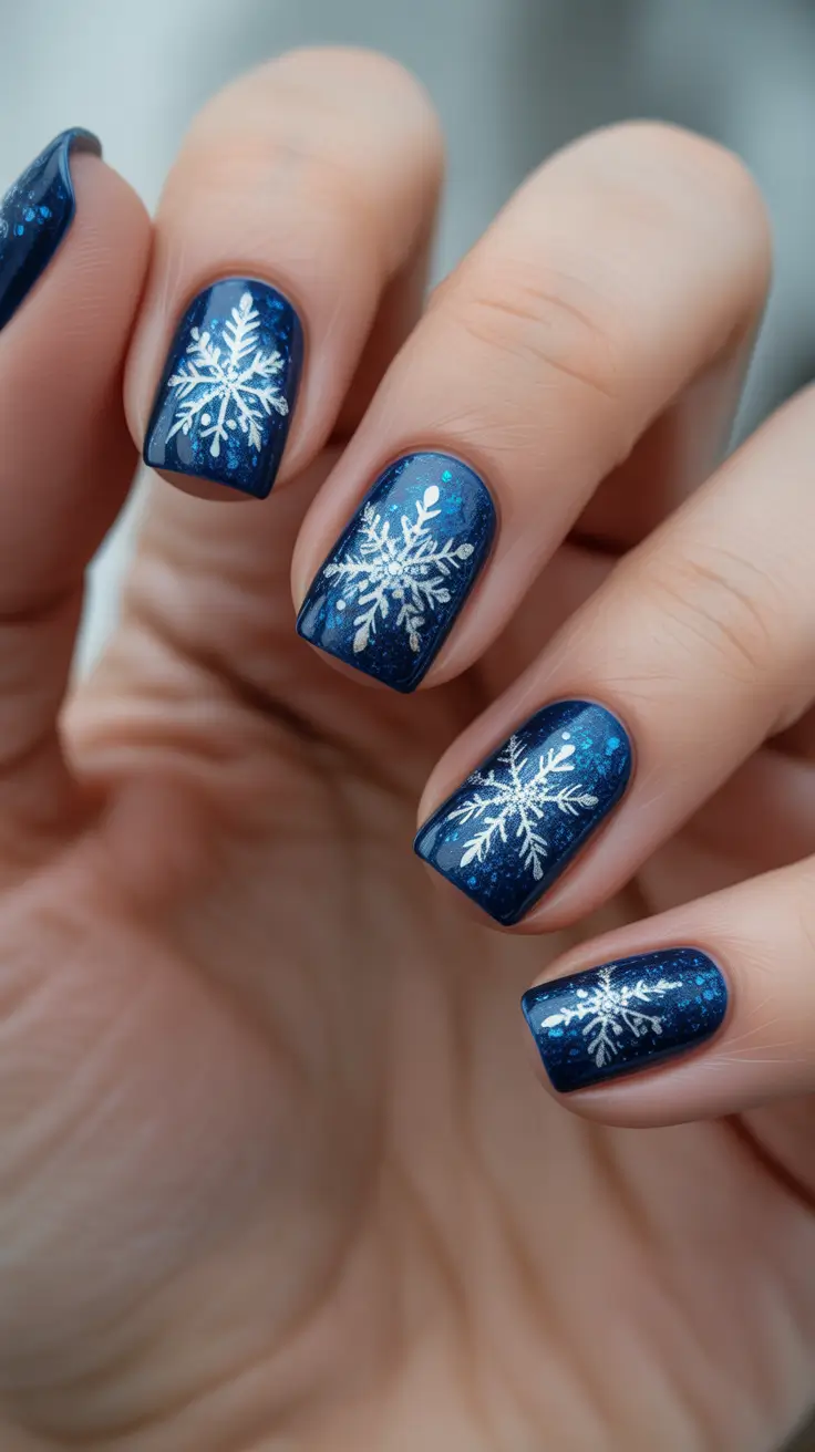 Fresh Cute Nail Inspiration Winter 2025-2026 - Short Sapphire Squares With Petite Flakes