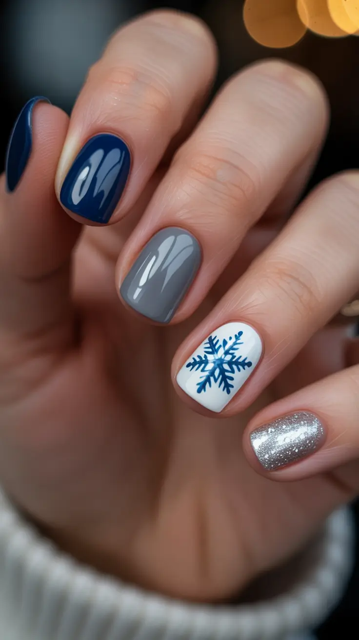Fresh Cute Nail Inspiration Winter 2025-2026 - Midnight Blue Mix with Snowflake Sparkle