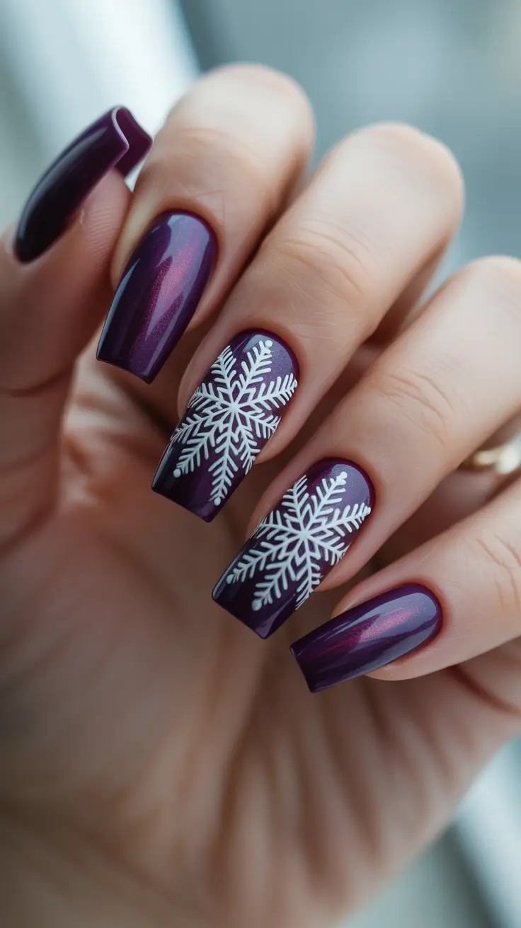 Fresh Cute Nail Inspiration Winter 2025-2026 - Plum Velvet Coffin with Snowflake Panels