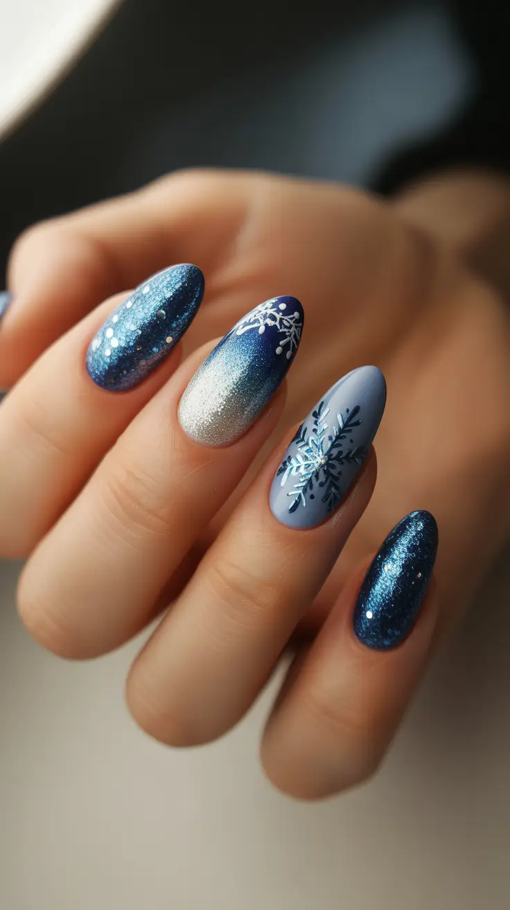 Fresh Cute Nail Inspiration Winter 2025-2026 - Icy Ombre Almond with Glitter Night Sky