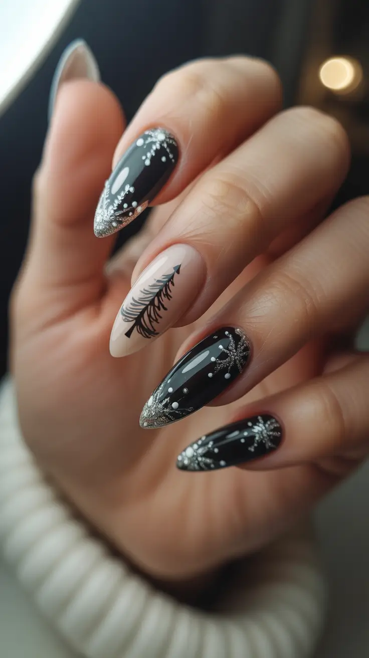 Best Dark Winter Nail Color Ideas 2025-2026 - Midnight Almond With Silver Snowfall