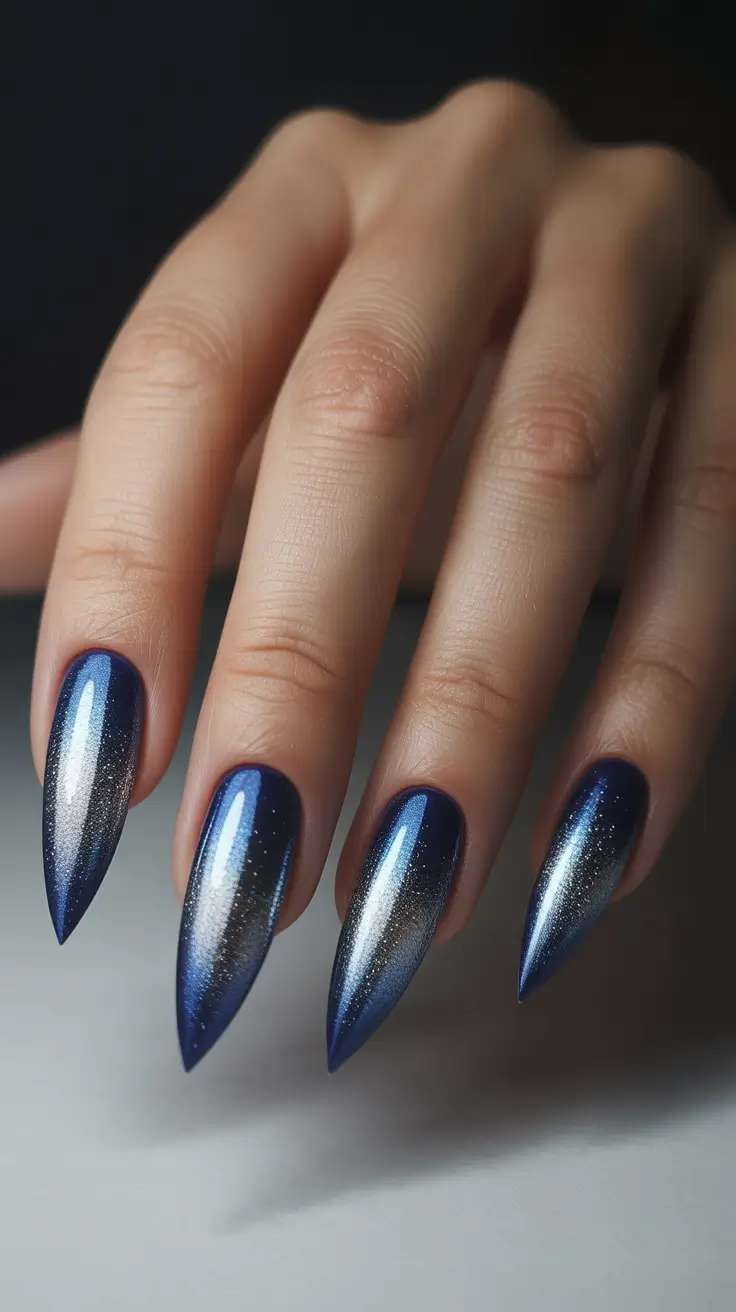 Best Dark Winter Nail Color Ideas 2025-2026 - Steel-Blue Chrome Gradient Stilettos