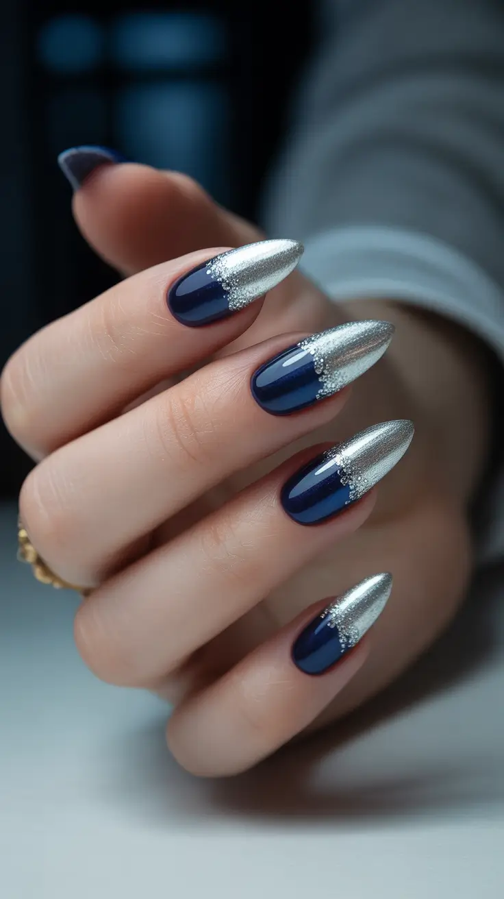 Best Dark Winter Nail Color Ideas 2025-2026 - Silver Melt French On Midnight Almond