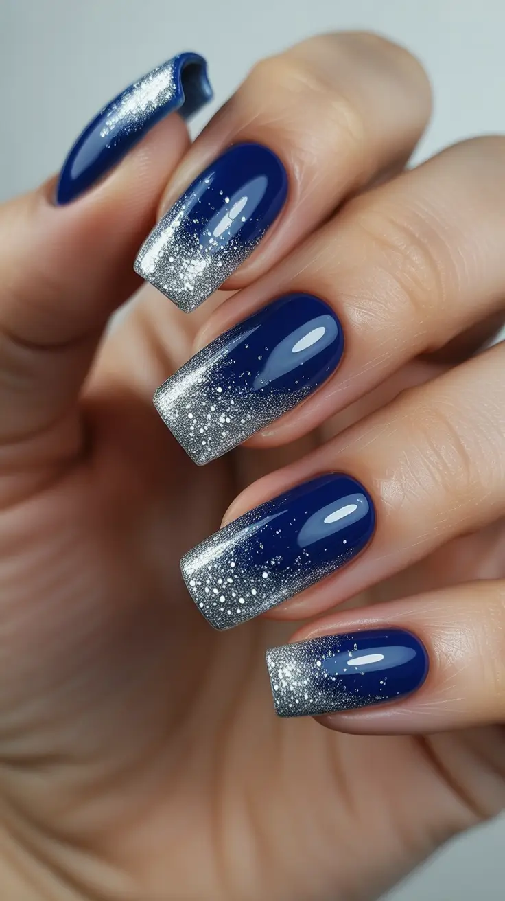 Best Dark Winter Nail Color Ideas 2025-2026 - Sparkling Snow-Tip Square In Deep Indigo