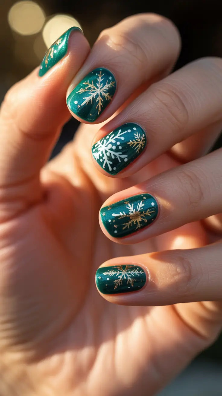 Best Dark Winter Nail Color Ideas 2025-2026 - Emerald Snowflakes - Short Luxe Sparkle