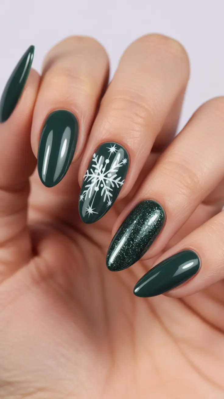 Best Dark Winter Nail Color Ideas 2025-2026 - Pine Almond - Crystal Accent Calm