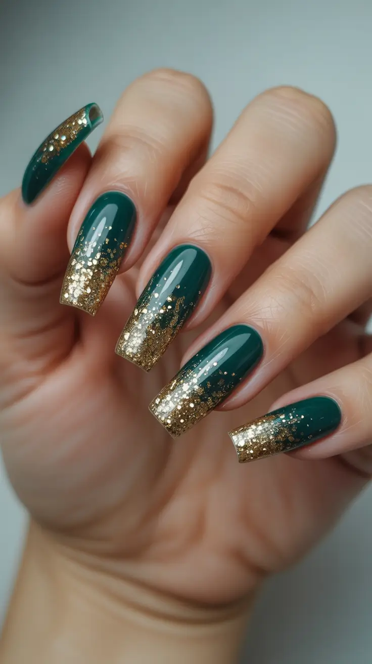 Best Dark Winter Nail Color Ideas 2025-2026 - Forest-Gold French Fade - Party Squares