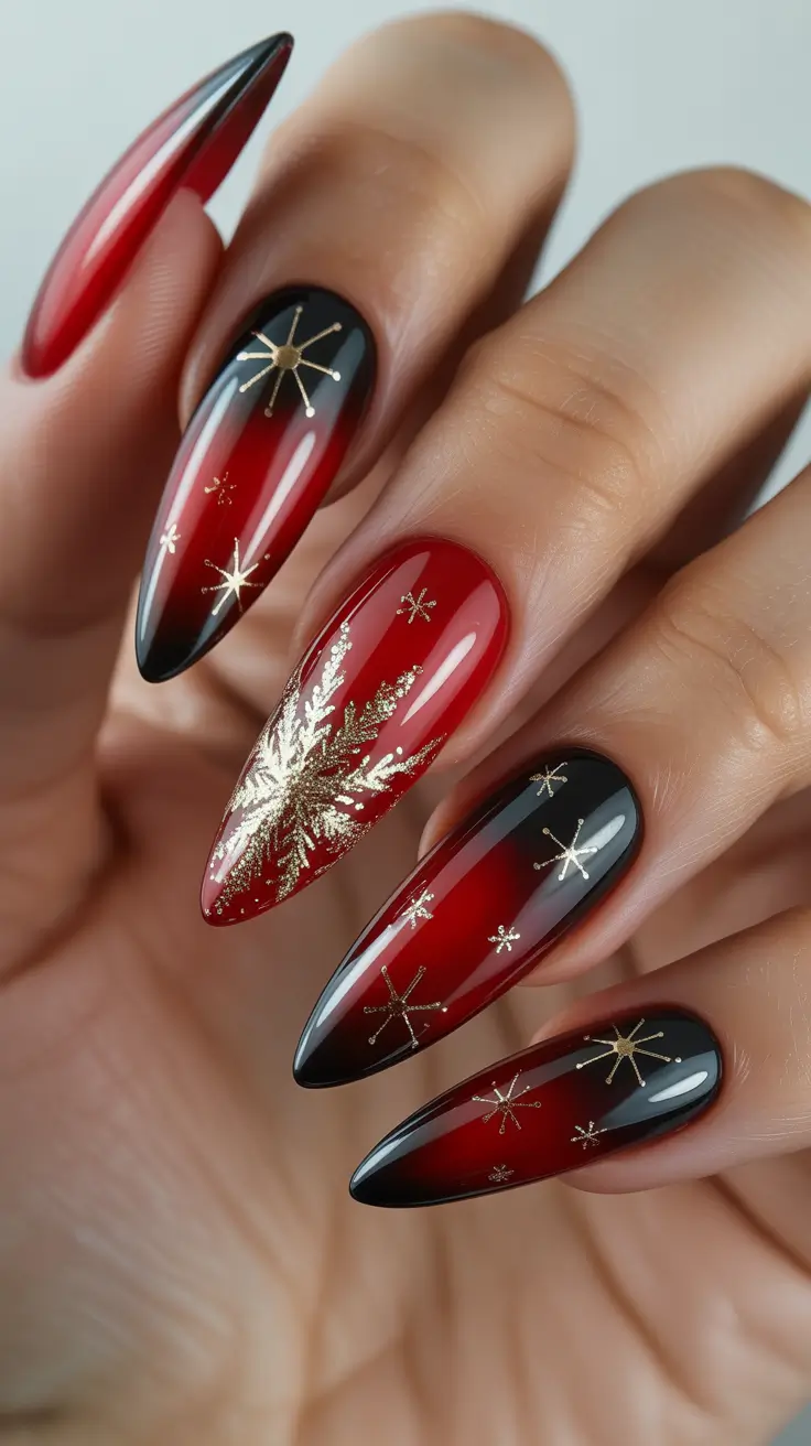 Best Dark Winter Nail Color Ideas 2025-2026 - Black-To-Crimson Ombre With Gold Bursts