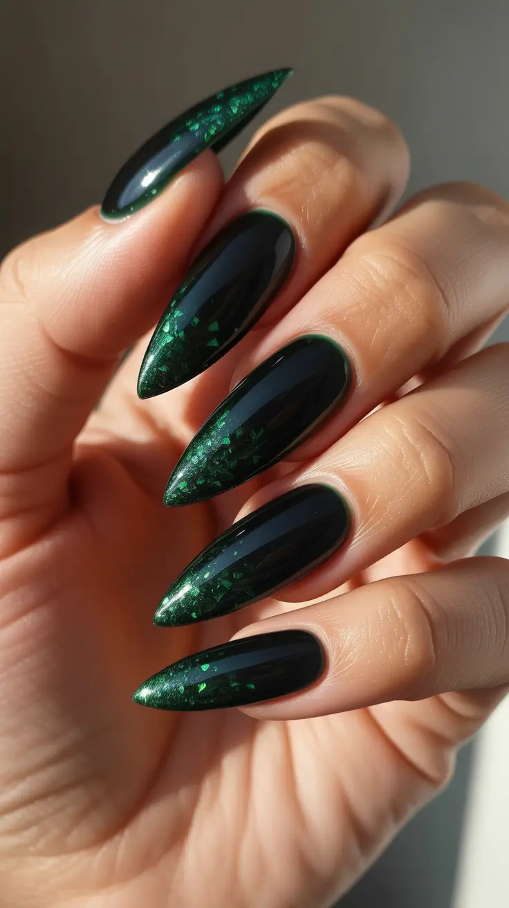 Best Dark Winter Nail Color Ideas 2025-2026 - Black Emerald Shards - Stiletto Drama