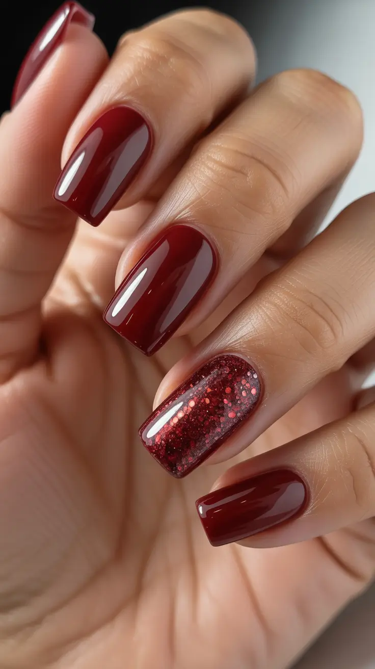 Best Dark Winter Nail Color Ideas 2025-2026 - Garnet Squares - Ruby Accent Glitter