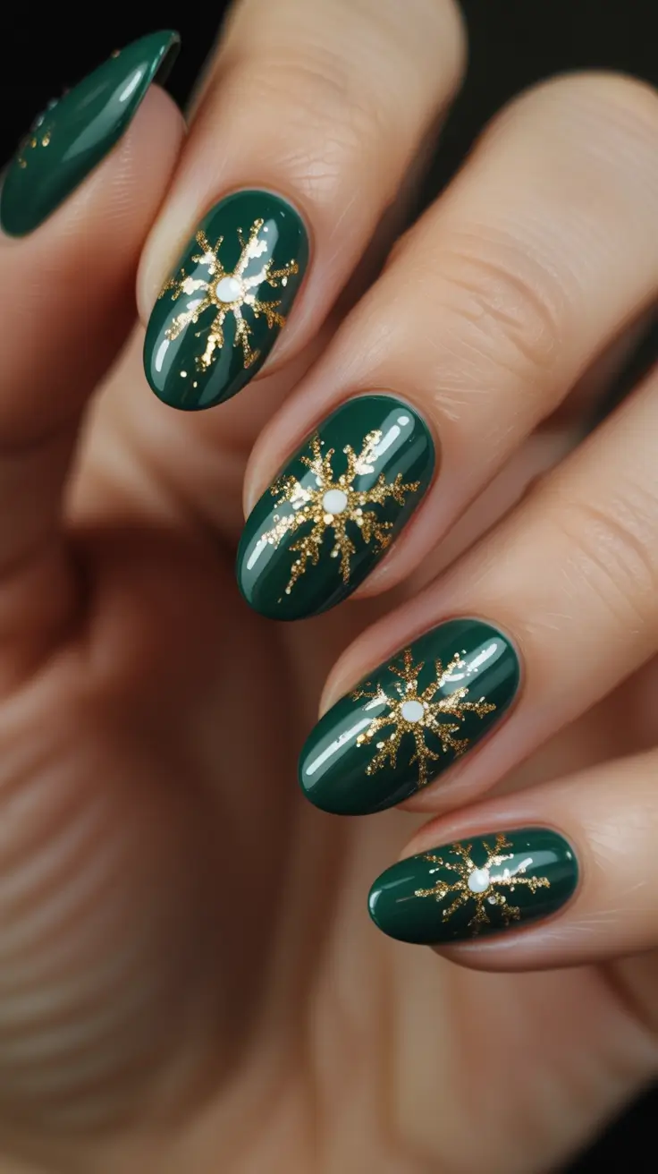 Best Dark Winter Nail Color Ideas 2025-2026 - Gilded Flur/ry Ovals - Evergreen Glow