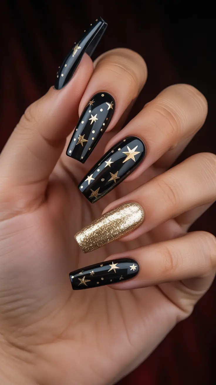 Best Dark Winter Nail Color Ideas 2025-2026 - Galaxy Gold Accents On Glossy Black Coffin