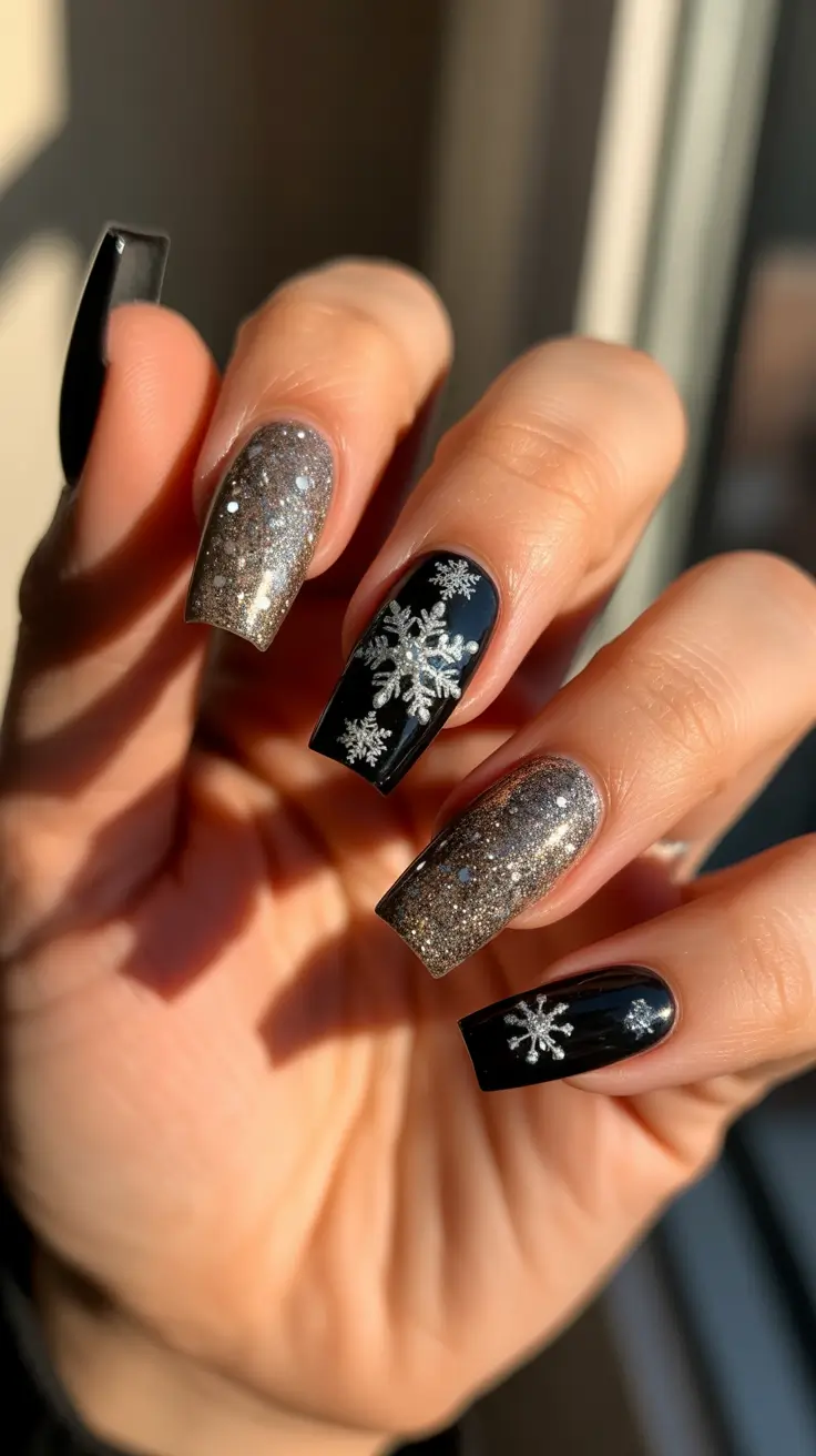 Best Dark Winter Nail Color Ideas 2025-2026 - Platinum Frost With Black Snowflakes