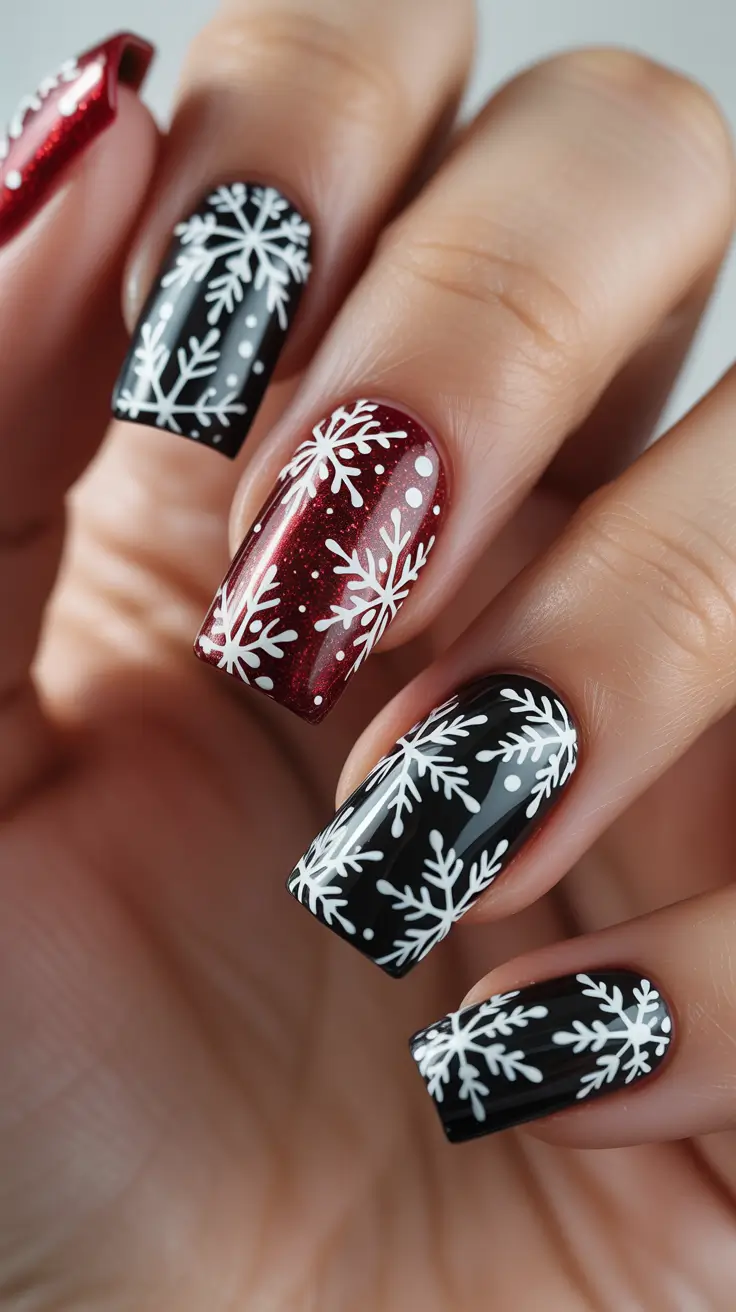 Best Dark Winter Nail Color Ideas 2025-2026 - Nordic Snowflake Mix In Black And Wine