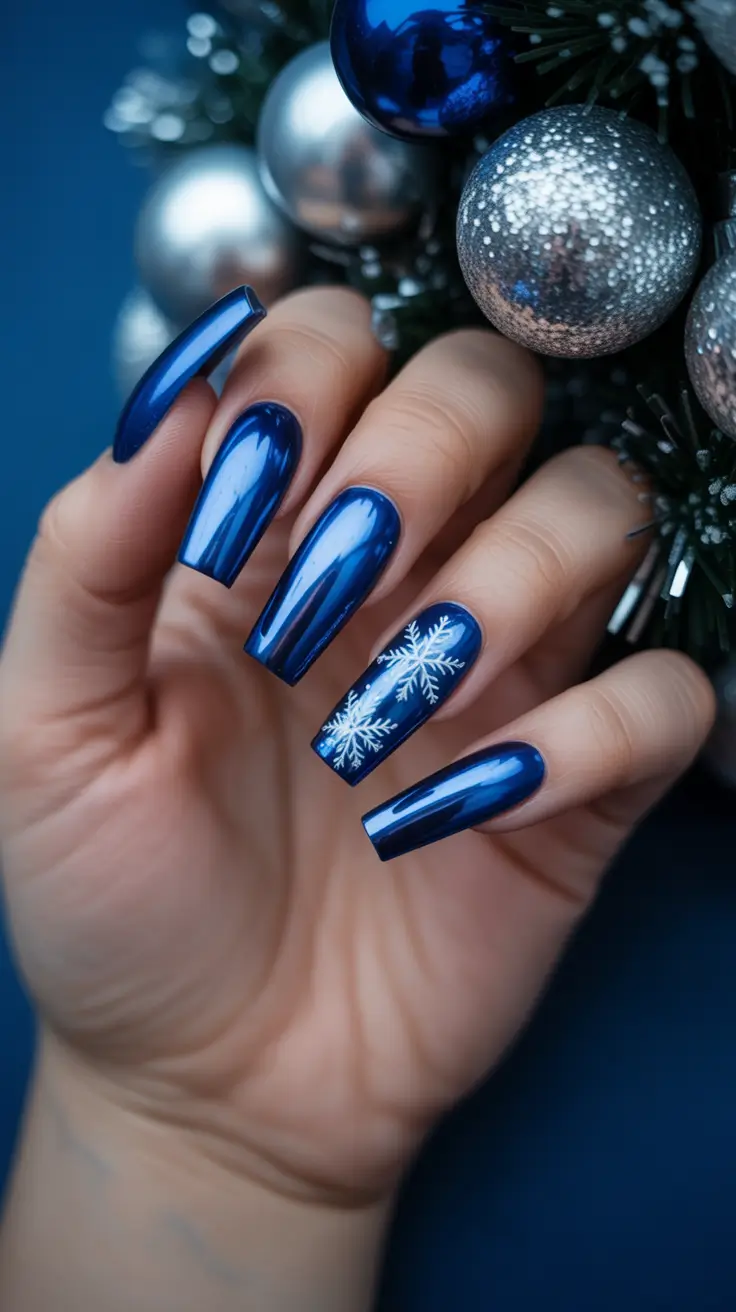 Best Dark Winter Nail Color Ideas 2025-2026 - Cobalt Chrome Snowflakes