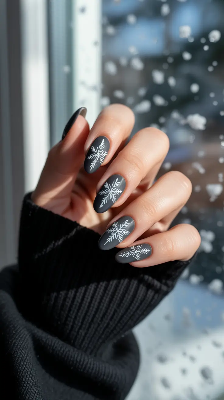 Best Dark Winter Nail Color Ideas 2025-2026 - Matte Charcoal Snowfall