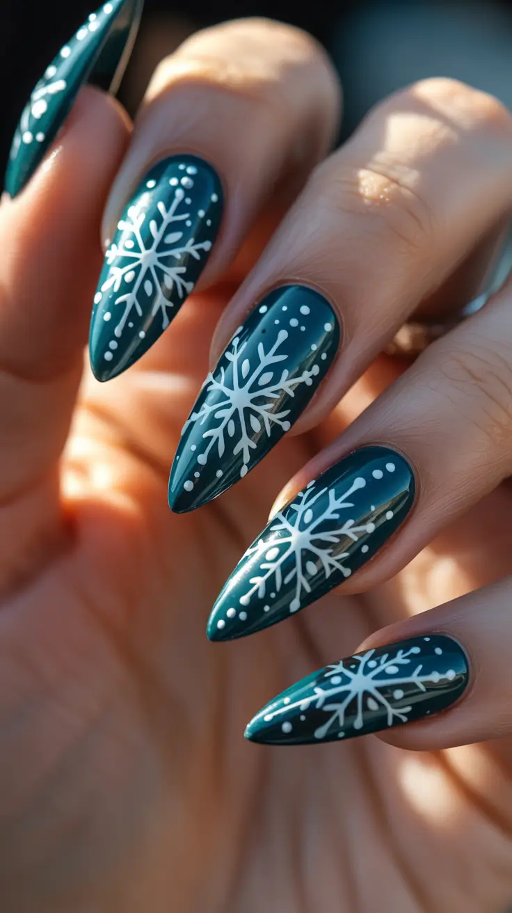 Best Dark Winter Nail Color Ideas 2025-2026 - Evergreen Almond with Graphic Flakes