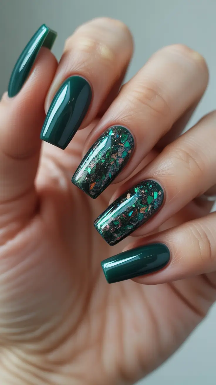 Fall Nail Color Inspo for December 2025 - Deep Emerald Crushed-Foil Shine