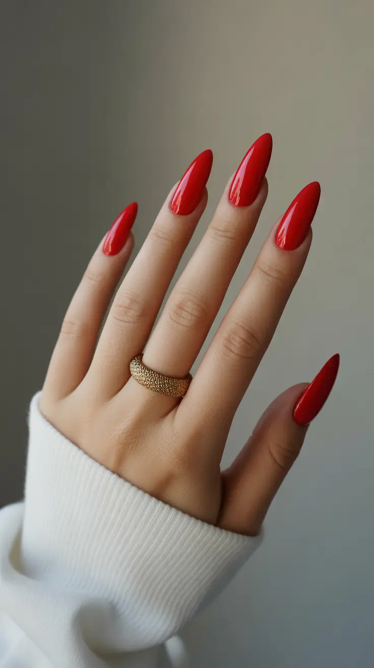 Fall Nail Color Inspo for December 2025 - Classic Red Almonds With High-Gloss Punch