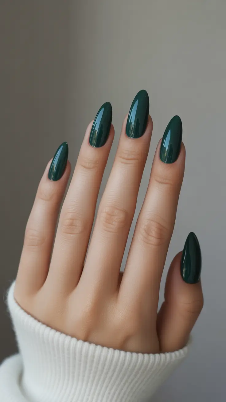 Fall Nail Color Inspo for December 2025 - Evergreen Gloss Almond