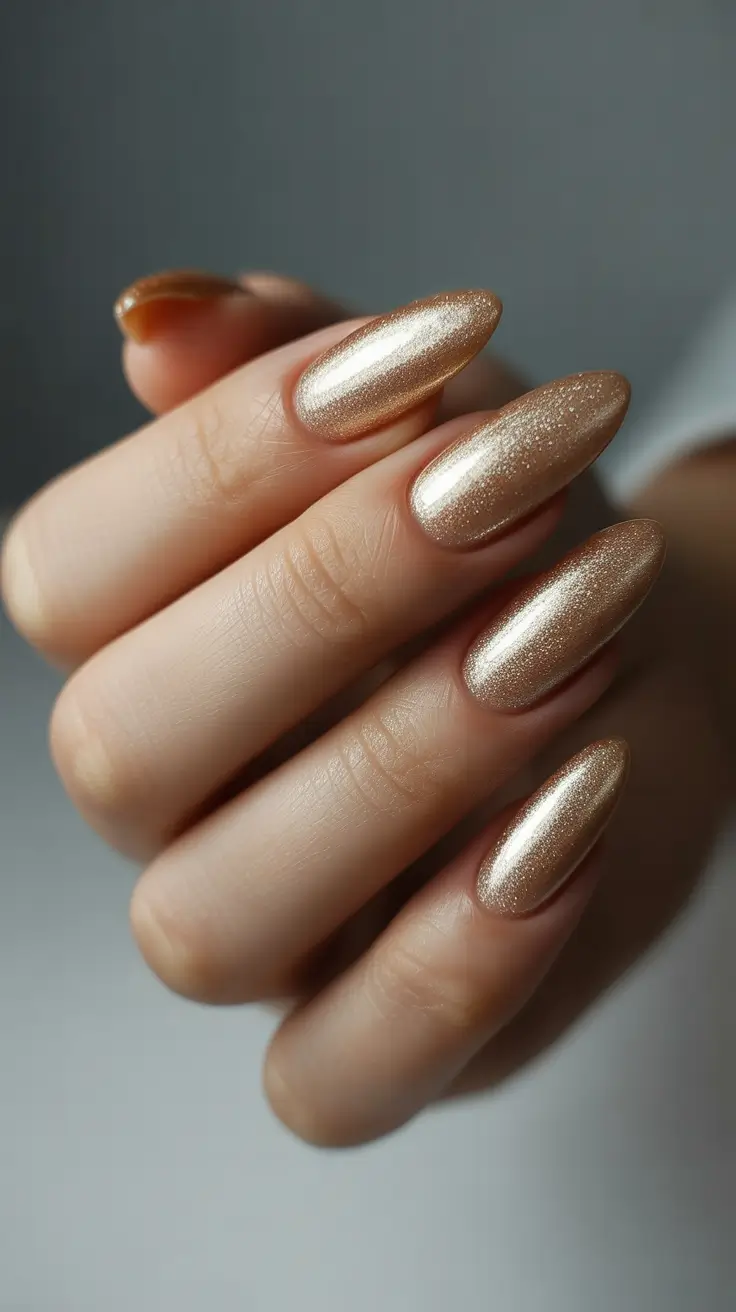 Fall Nail Color Inspo for December 2025 - Champagne Chrome Almonds