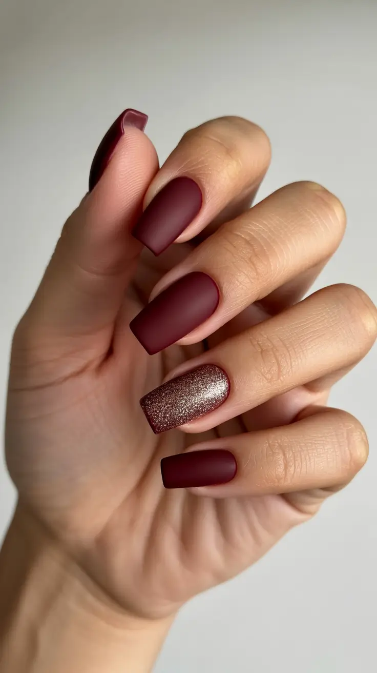 Fall Nail Color Inspo for December 2025 - Matte Mulled Wine with Stardust Accent