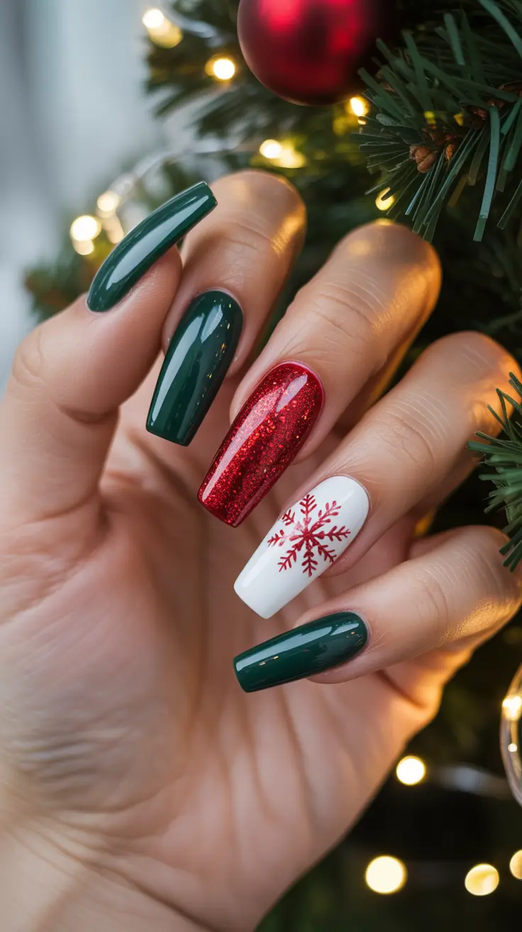 Fall Nail design for December 2025 - Evergreen Luxe With Ruby Sparkle & Snowflake Accent