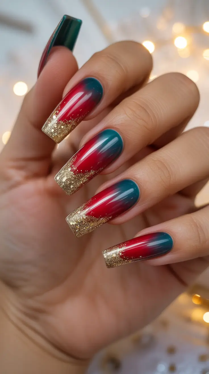 Fall Nail design for December 2025 + Red-to-Green Ombre With Golden Party Tips