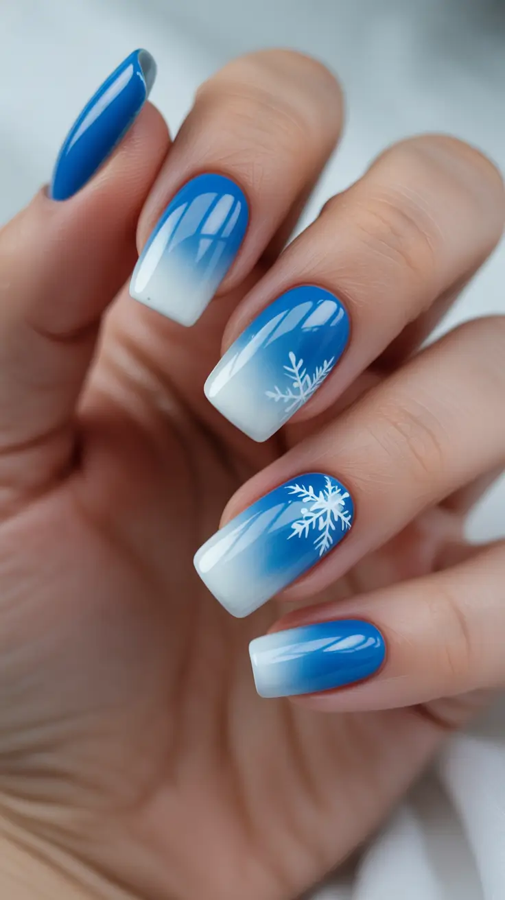 Fall Nail design for December 2025 - Blue-to-White Snowflake Ombre