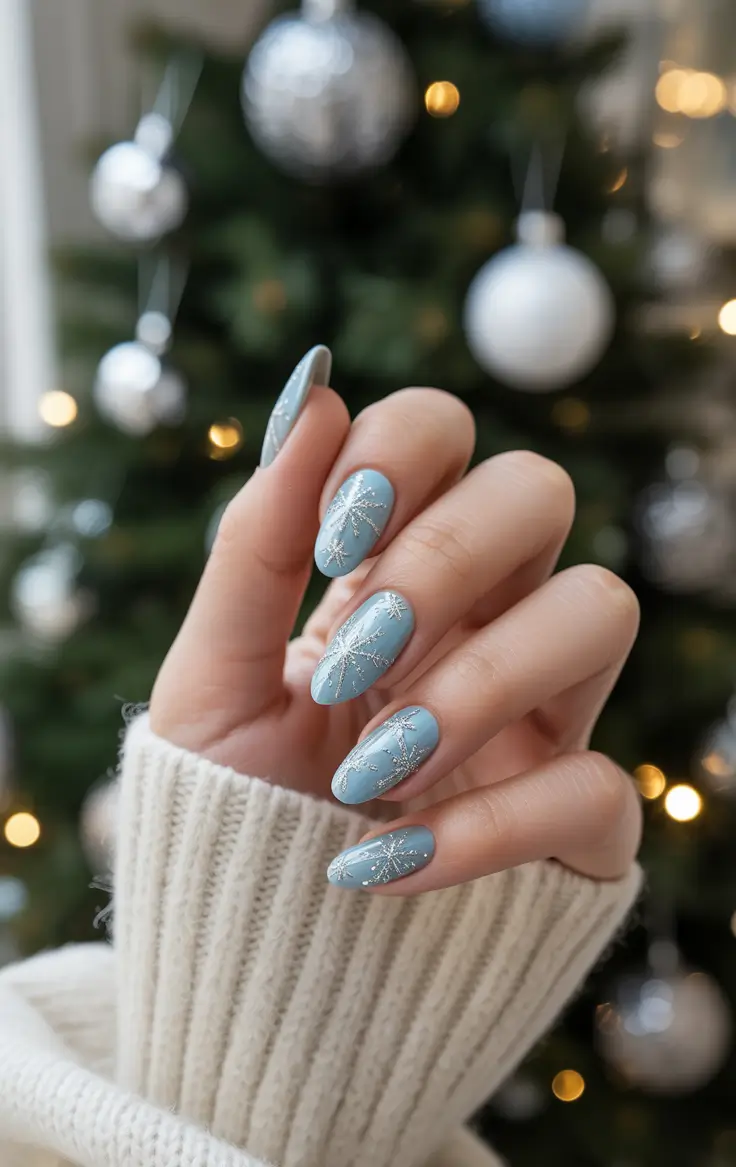 Fall Nail design for December 2025 - Silver-Starry Powder Blue Almonds
