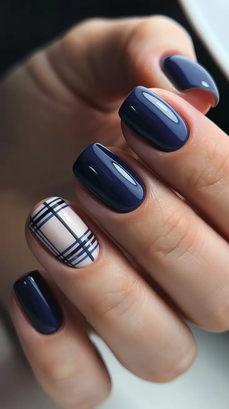 Fall Nail design for December 2025 + Navy Knit Plaid Accent - Short and Polished