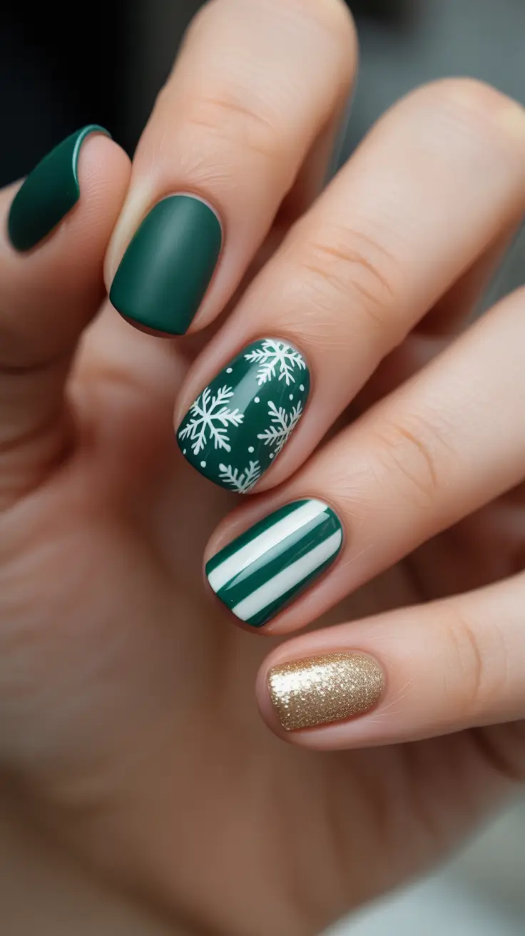 Fall Nail design for December 2025 + Evergreen Mix - Snowflakes, Candy Stripes and Gold