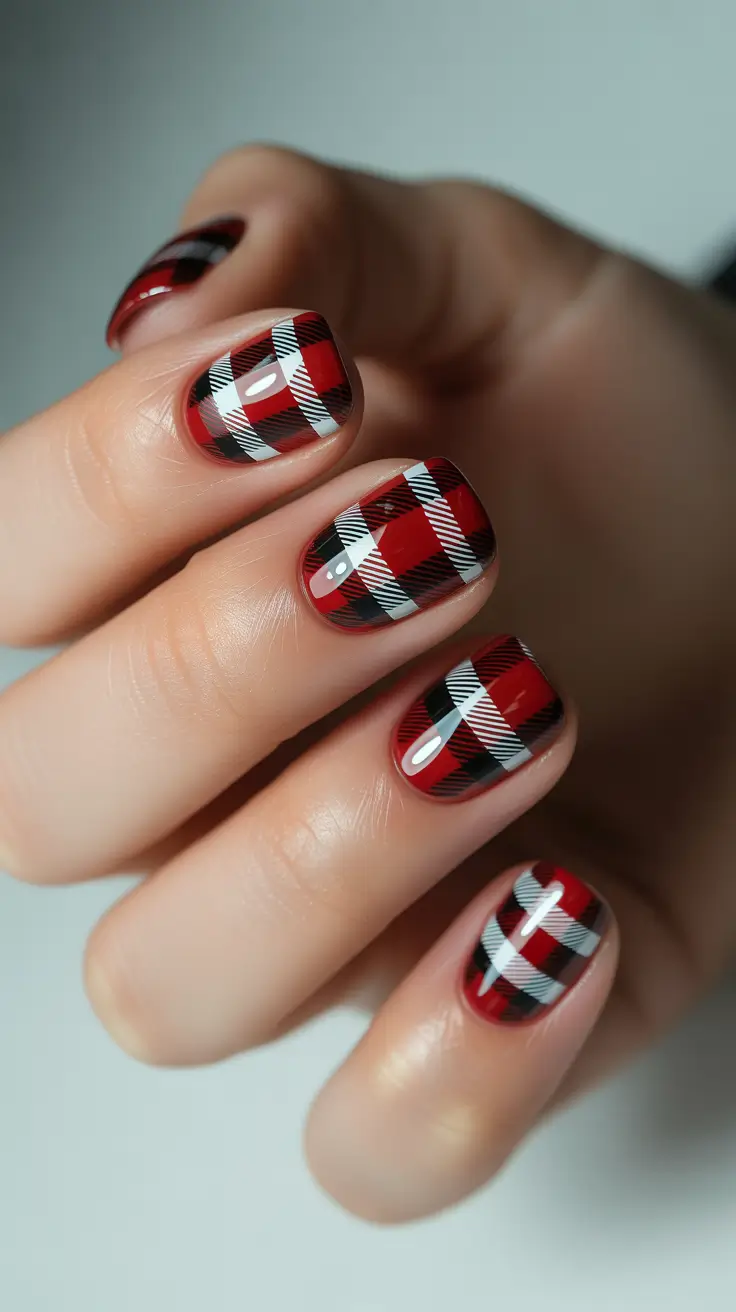 Fall Nail design for December 2025 + Cozy Cabin Plaid in Red Black and White