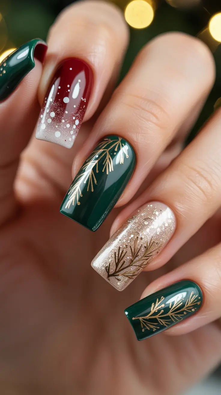 Fall Nail design for December 2025 - Gilded Green & Cranberry Sprigs